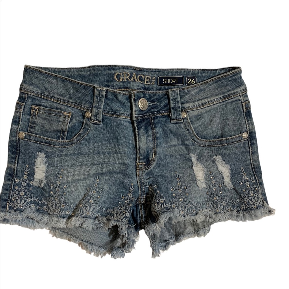 GRACE IN LA DISTRESSED DENIM EMBELLISHED SHORTS